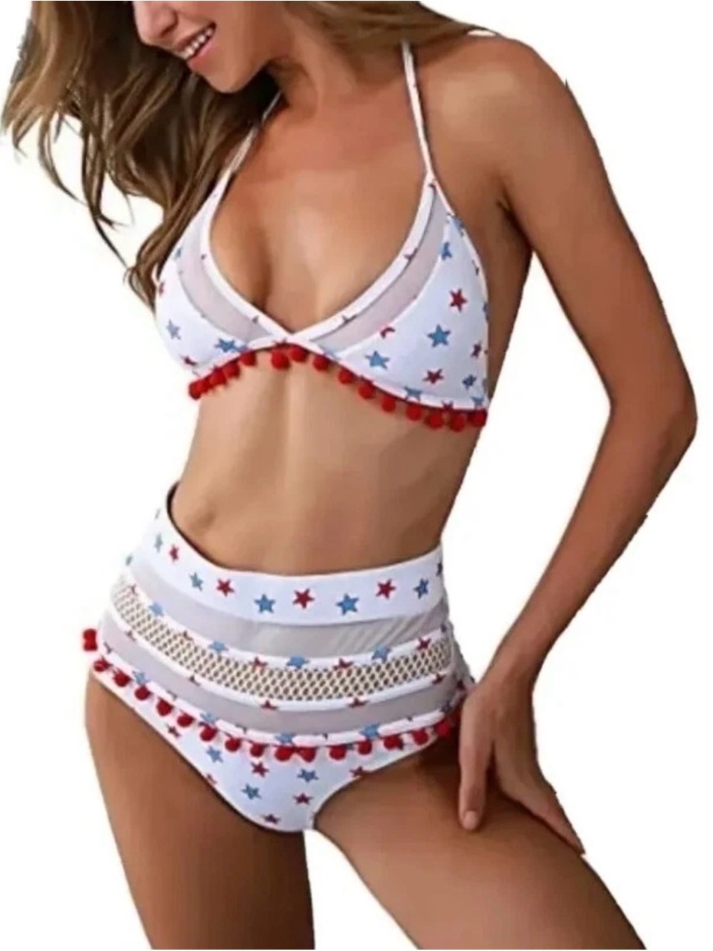 High-Waist Star Print Bikini with Red Pom Accent - White/Blue/Red